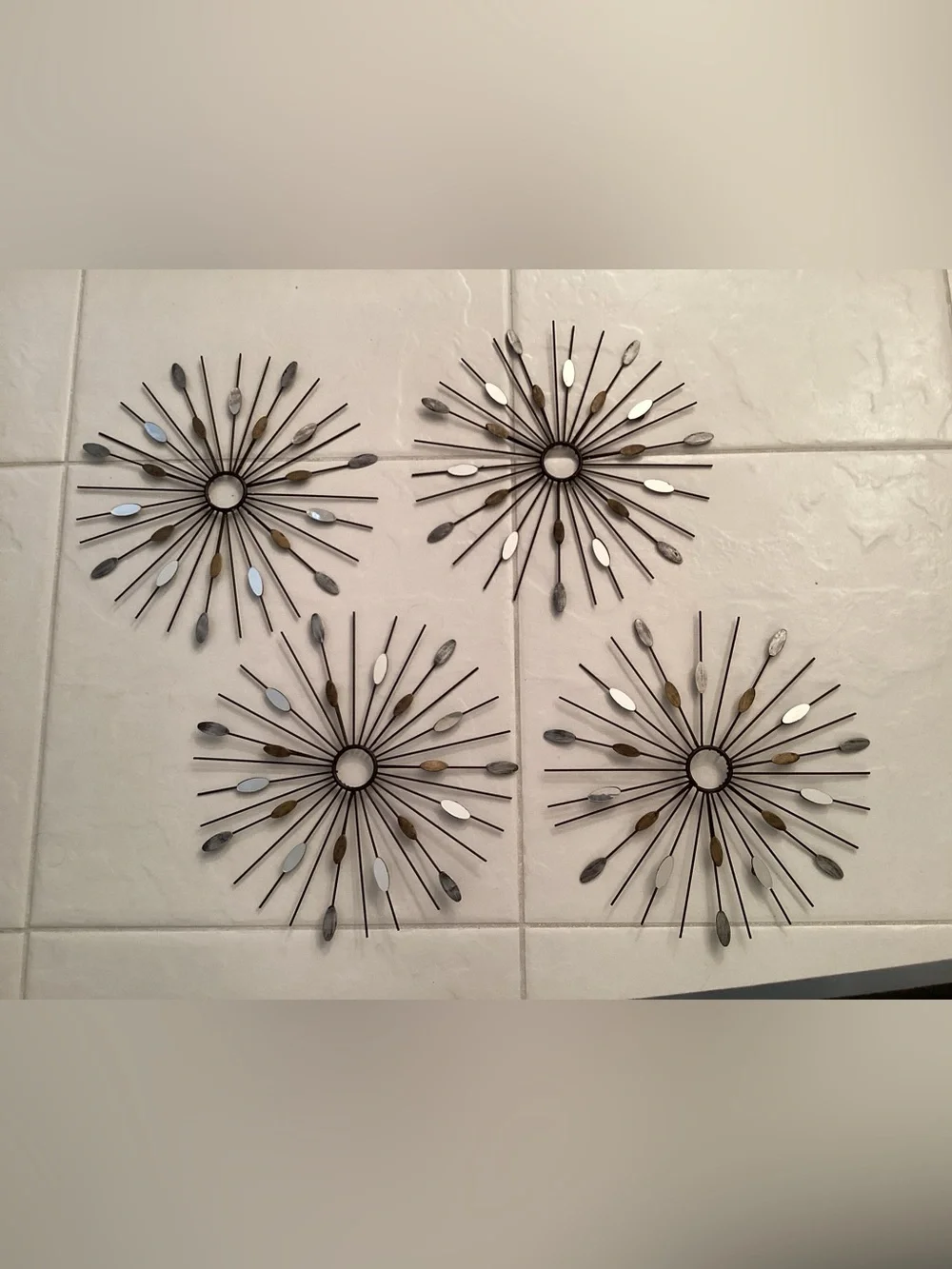 Decorative Metal Sunburst Wall Silver Mirrors, Bronze 12” Round 4 pc.